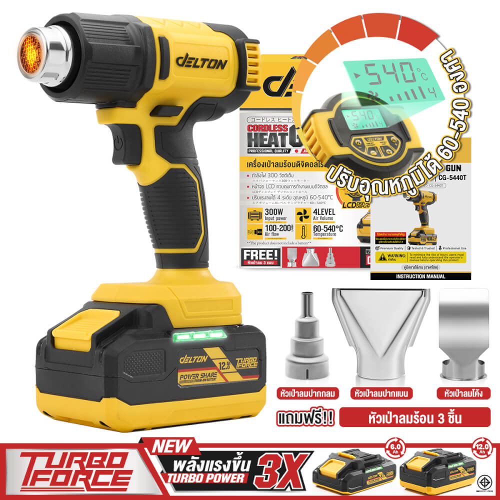 เครื่องเป่าลมร้อนไร้สาย (พร้อมแบตเตอรี่) DELTON รุ่น CG-5440T TURBO FORCE 20V 12AH_10